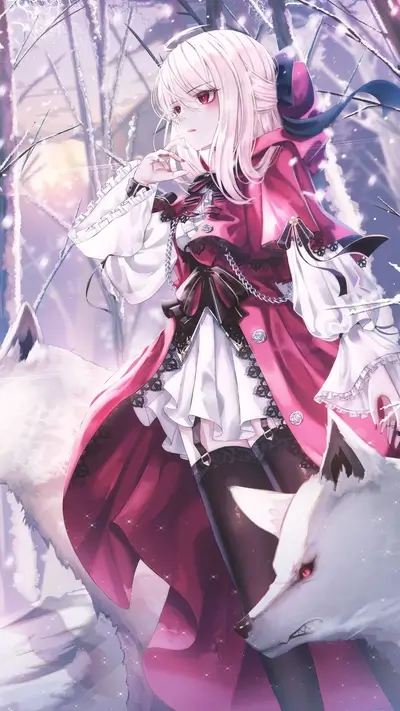 Girl in red hood with two white wolves