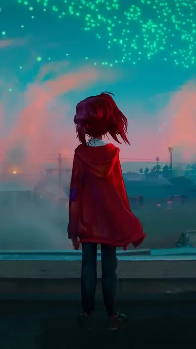 Girl in red hoodie looking at a distant city at night