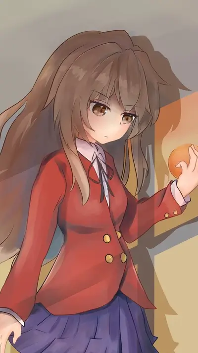Girl in red jacket holding an orange