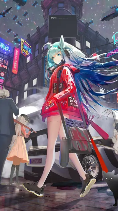 Girl in red jacket walking in a futuristic city