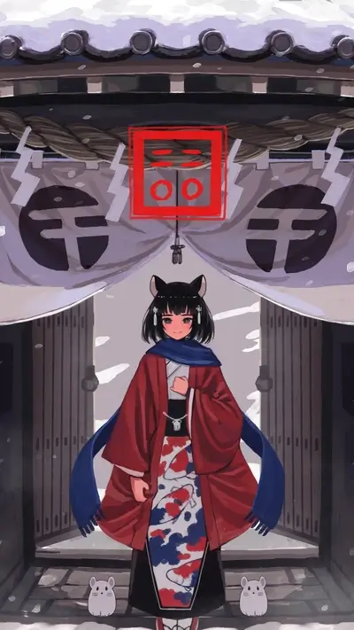 Girl in red kimono at snowy shrine entrance