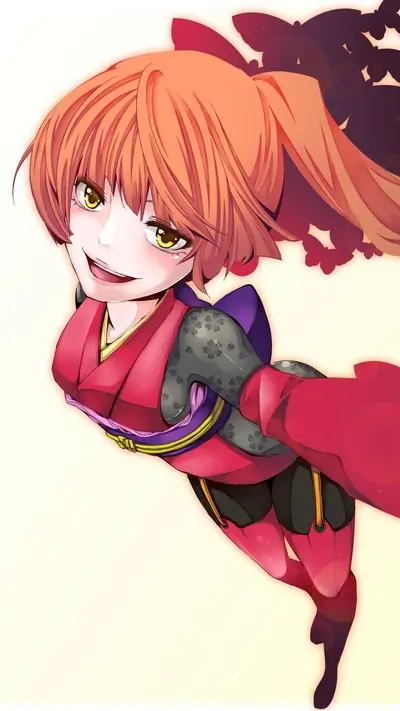 Girl in red kimono flying, long orange hair