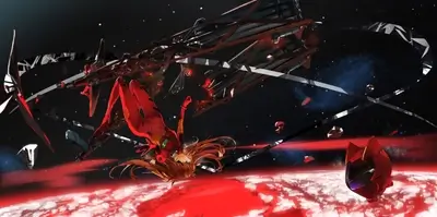 Girl in red suit falling through space