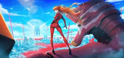 Girl in red suit stands on a giant robot