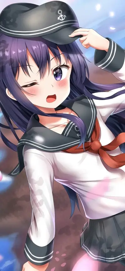 Girl in sailor uniform adjusting her cap