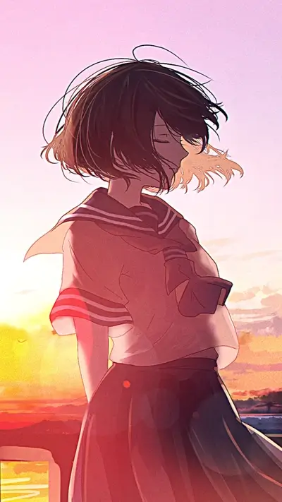 Girl in sailor uniform at sunset