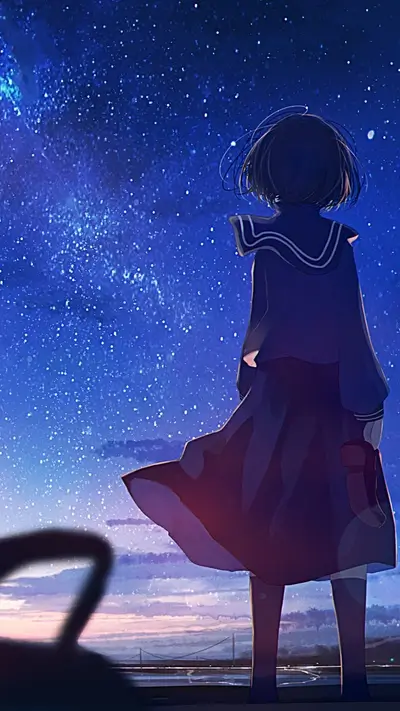 Girl in sailor uniform gazing at starry night sky