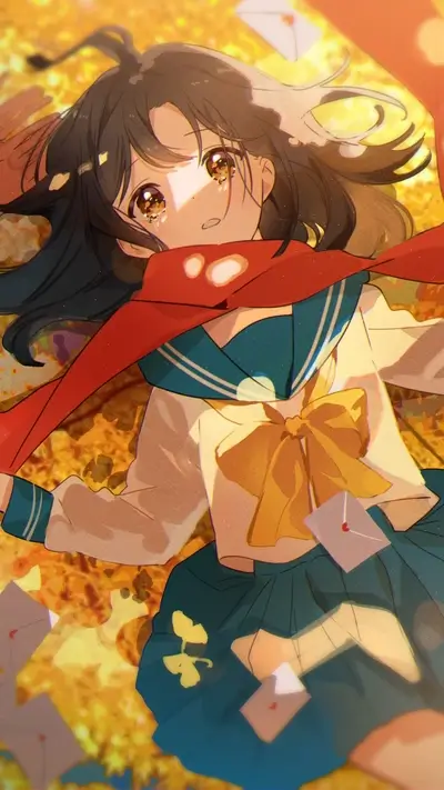 Girl in sailor uniform lying down surrounded by letters