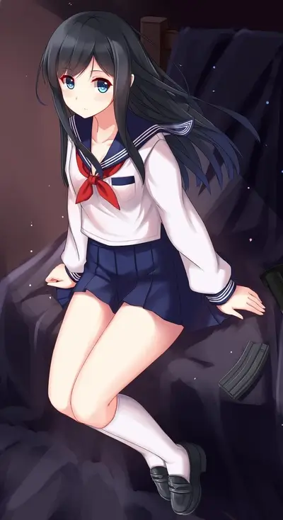 Girl in sailor uniform sits on dark surface