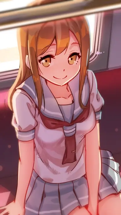 Girl in sailor uniform sitting on train