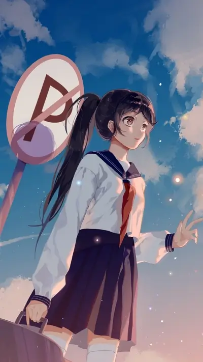 Girl in sailor uniform standing near no parking sign under sunny sky