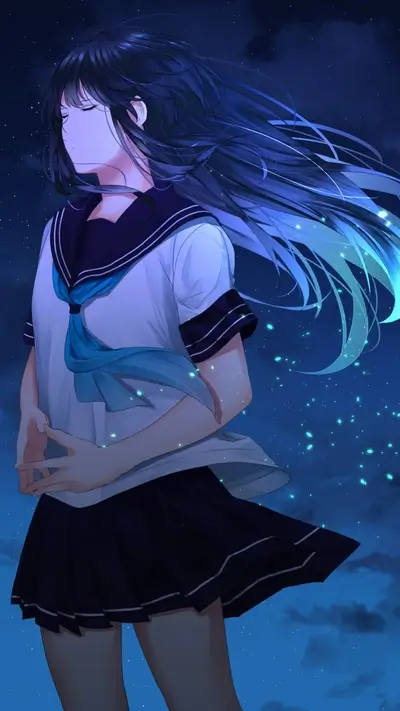 Girl in sailor uniform under starry night