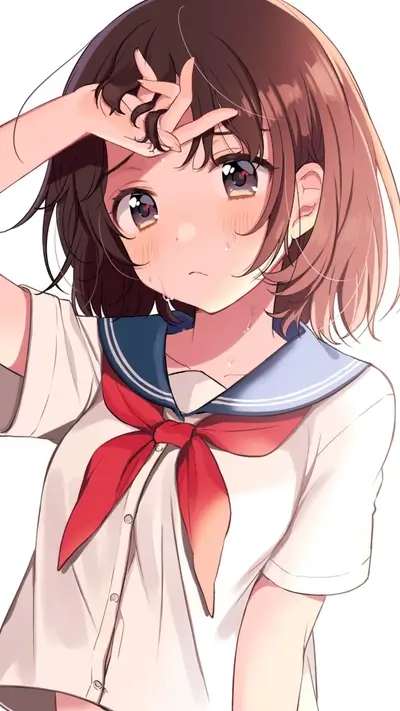 Girl in sailor uniform wiping sweat from her forehead
