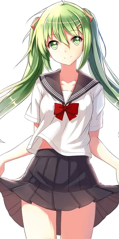 Girl in sailor uniform with long green hair