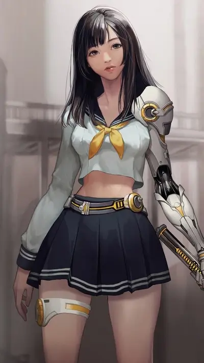 Girl in sailor uniform with robotic arm