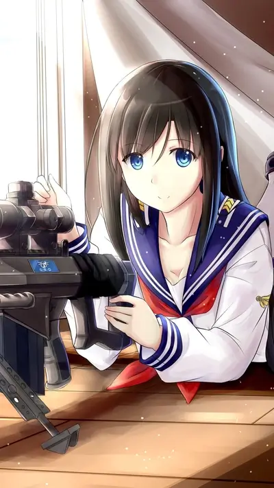 Girl in sailor uniform with sniper rifle