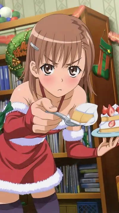 Girl in Santa outfit offering cake