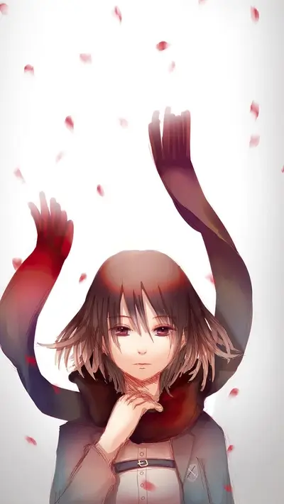 Girl in scarf, petals falling