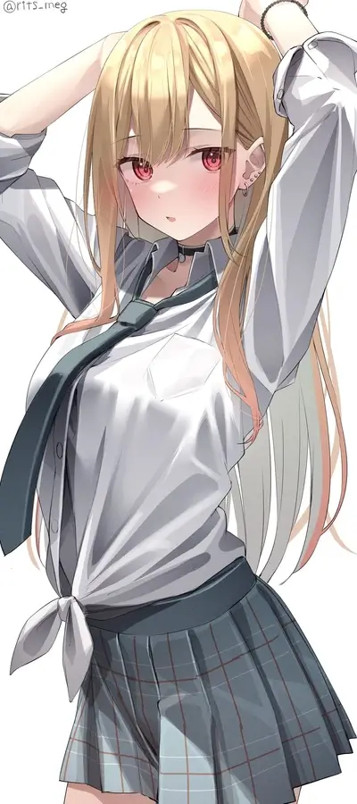 Girl in school uniform, adjusting hair