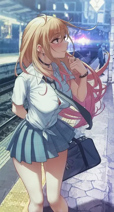 Girl in school uniform at a train station