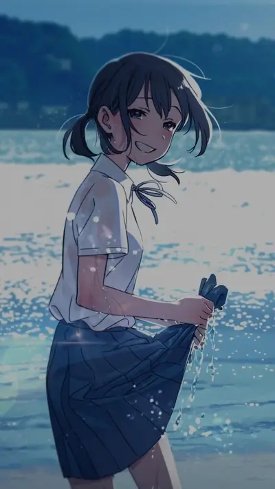Girl in school uniform at the beach