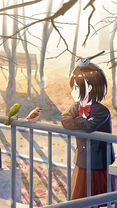 Girl in school uniform, birds on a fence, autumn leaves