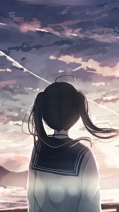 Girl in school uniform gazes at the twilight sky with passing clouds