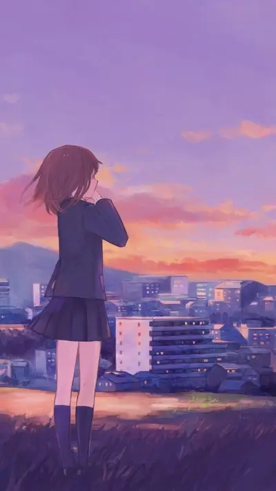 Girl in school uniform gazing at sunset city