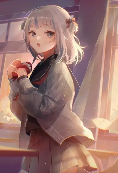 Girl in school uniform holding a heart-shaped box