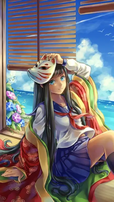 Girl in school uniform holding a mask by the window