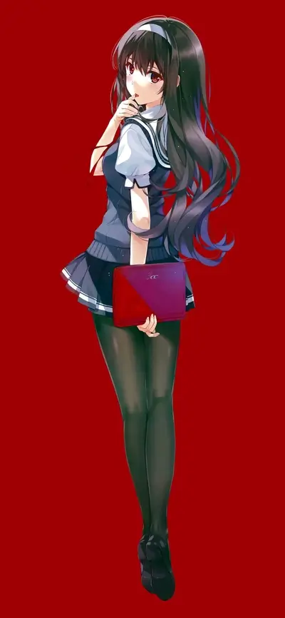 Girl in school uniform holding a red folder