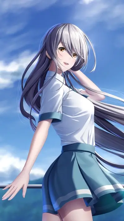 Girl in school uniform, long hair, clear sky