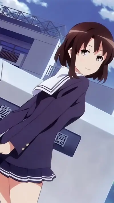 Girl in school uniform, near a building