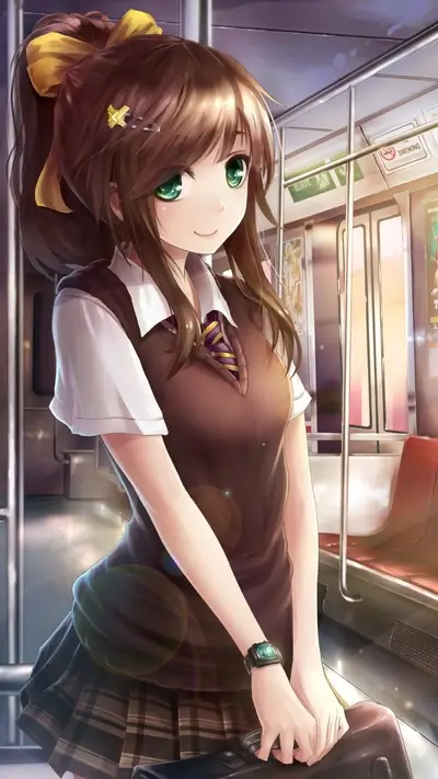 Girl in school uniform on a train, anime style