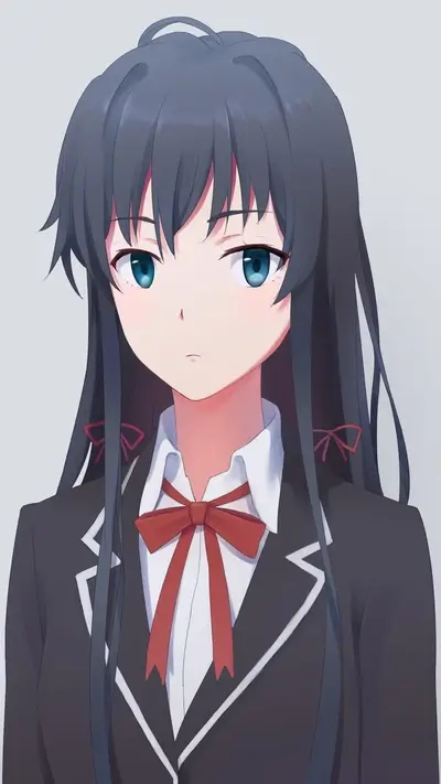 Girl in school uniform, serious expression, dark hair