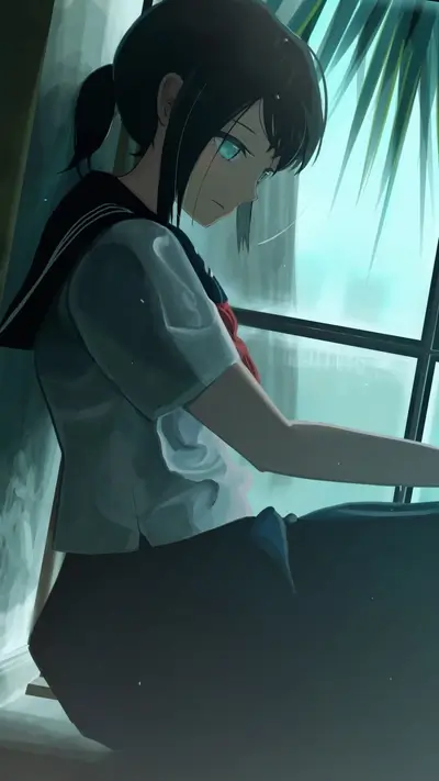 Girl in school uniform sits by window