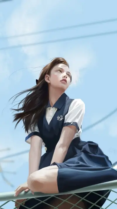 Girl in school uniform sits on a fence