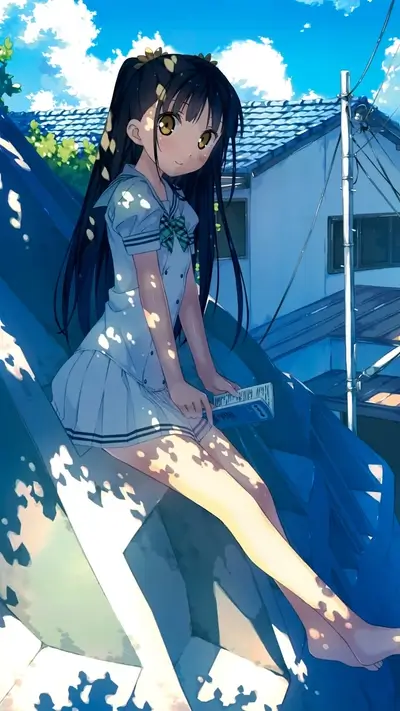Girl in school uniform sits on a rooftop