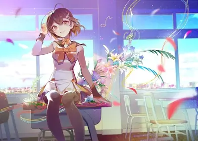Girl in school uniform sits on desk with flowers