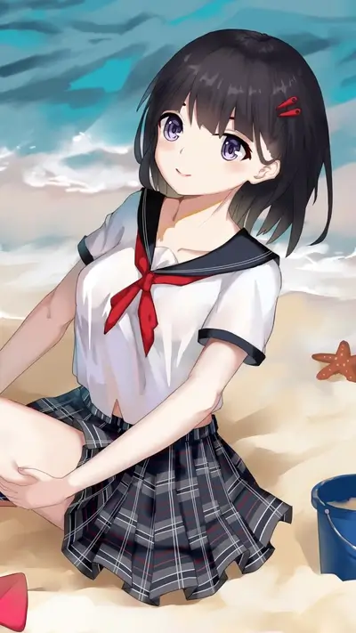 Girl in school uniform sitting at beach, bucket and starfish nearby