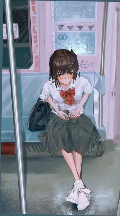 Girl in school uniform sitting on a train