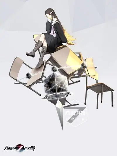 Girl in school uniform sitting on floating desks