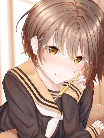Girl in school uniform smiles gently, holding pen and appears thoughtful