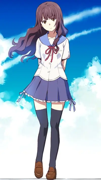 Girl in school uniform standing against a blue sky