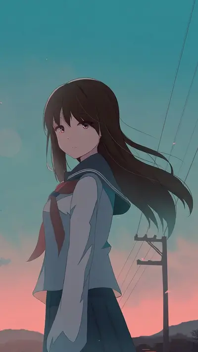 Girl in school uniform standing against sunset