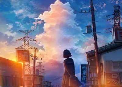 Girl in school uniform standing at sunset