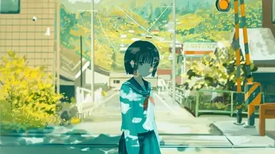 Girl in school uniform standing near a railway crossing