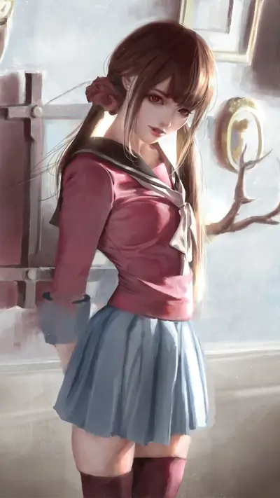 Girl in school uniform standing near a window