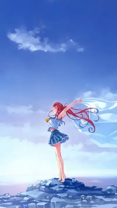 Girl in school uniform standing on cliff, wind blowing her hair and cloth