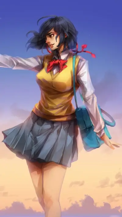 Girl in school uniform, sunset sky